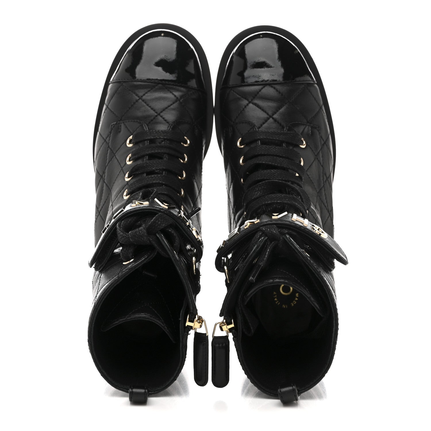 Lambskin Patent Calfskin Quilted Logo Lace Up Combat Boots 37 Black