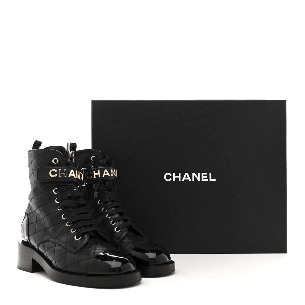 Lambskin Patent Calfskin Quilted Logo Lace Up Combat Boots 37 Black