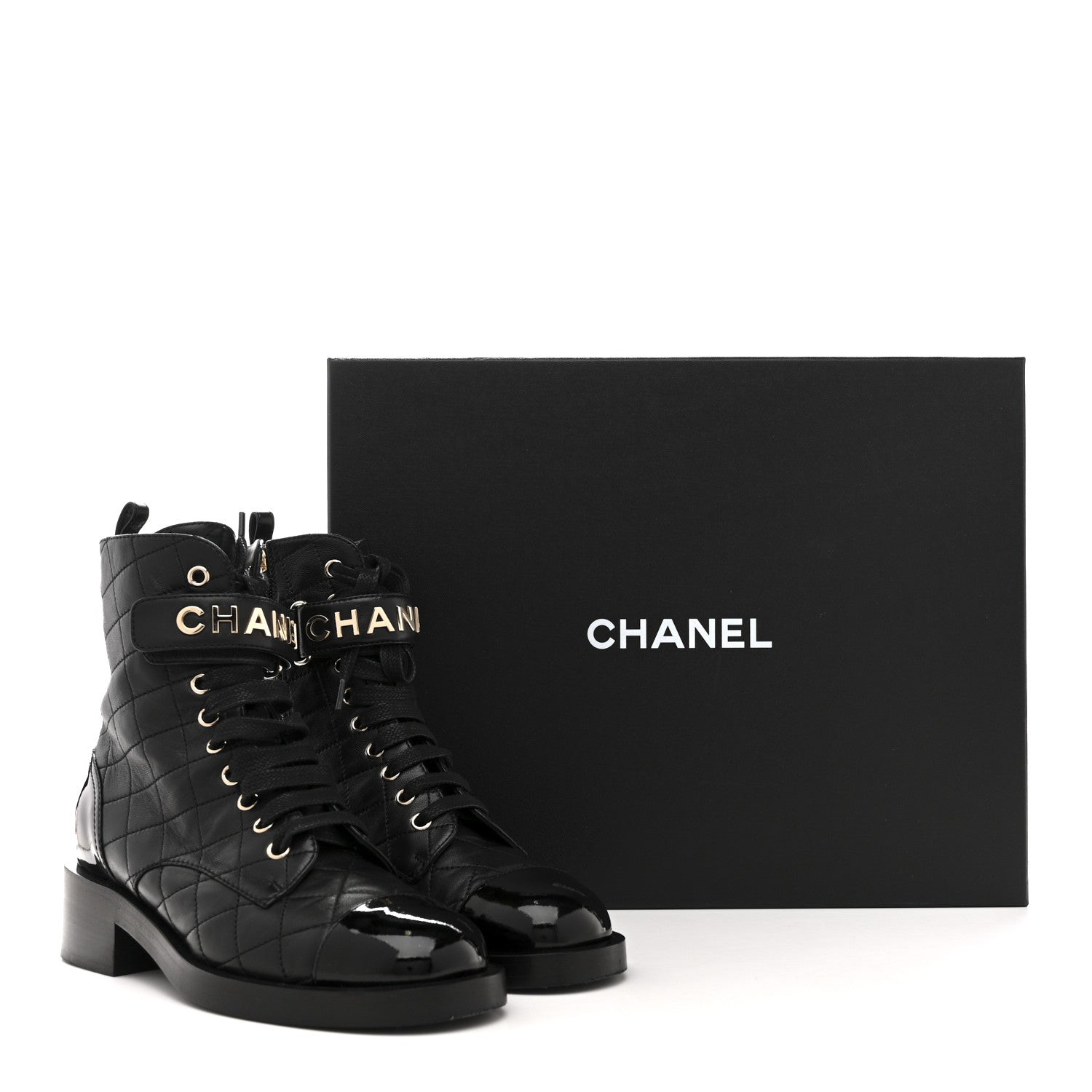 Lambskin Patent Calfskin Quilted Logo Lace Up Combat Boots 37 Black