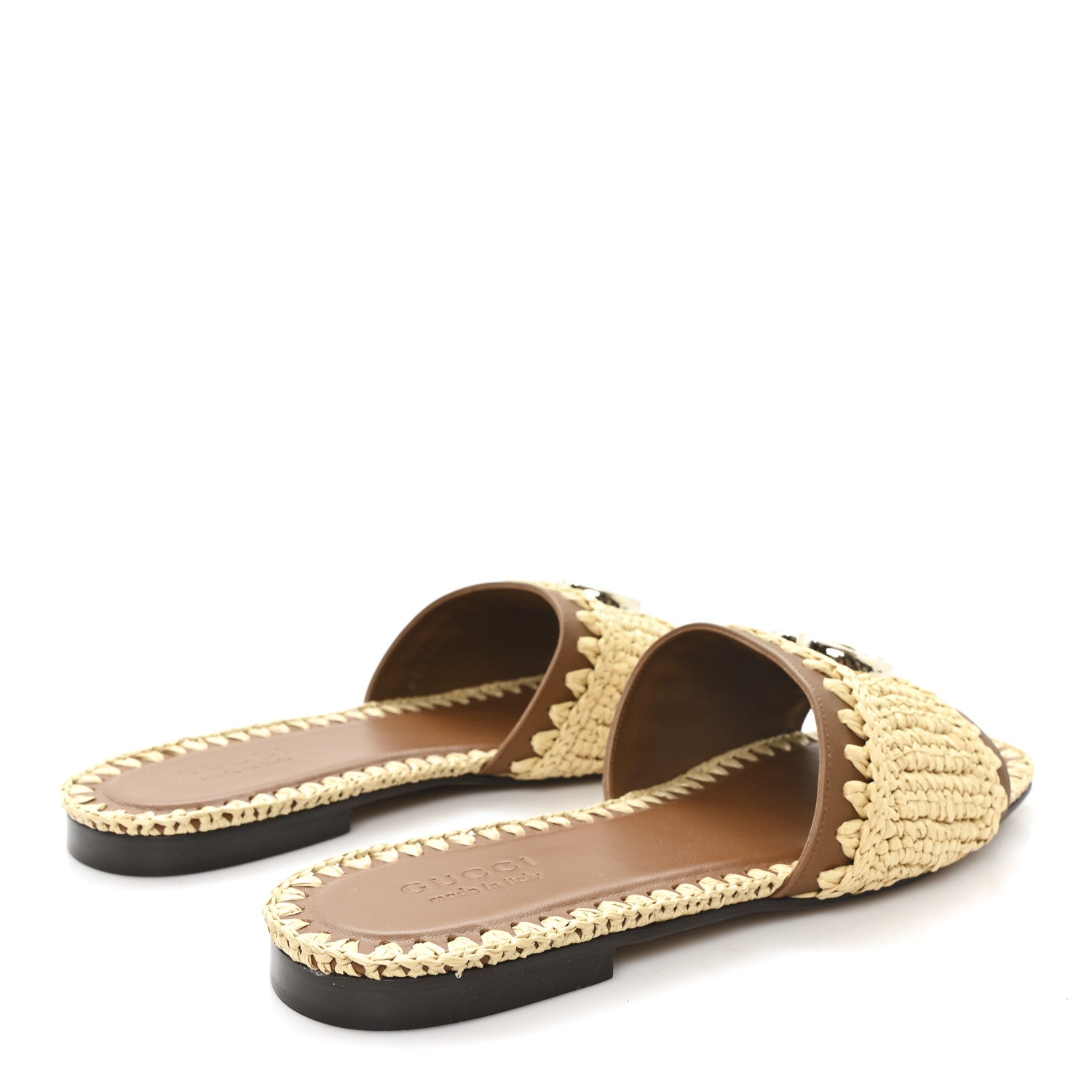 Gucci Raffia Interlocking G Flat Slide Sandals 37.5 Bright Natural Sundial