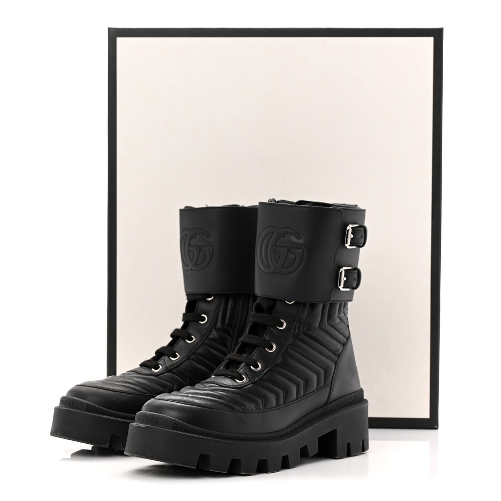Gucci Nappa Frances GG Matelasse Platform Combat Boots 36 Black