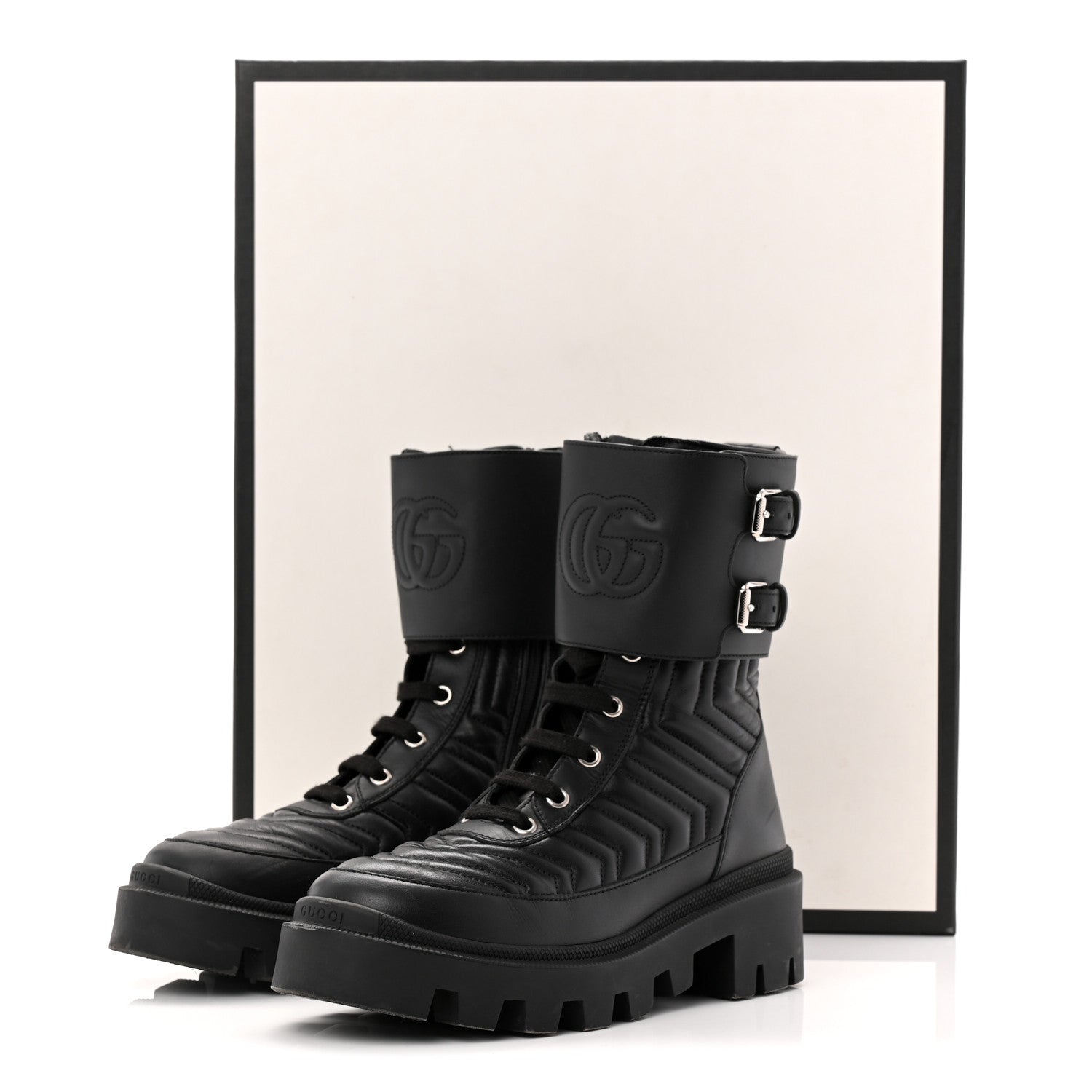 Gucci Nappa Frances GG Matelasse Platform Combat Boots 36 Black