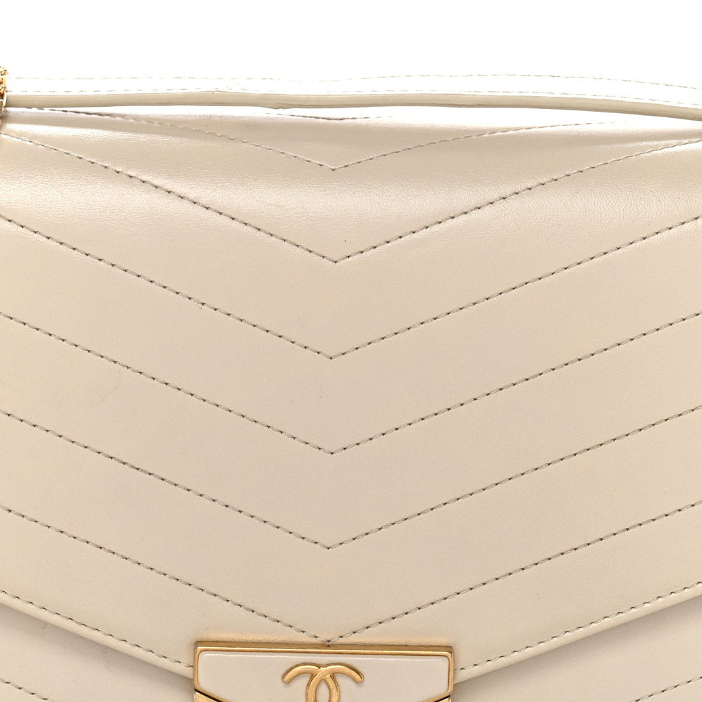 Chanel Calfskin Chevron Quilted Large Medal Flap Light Beige
