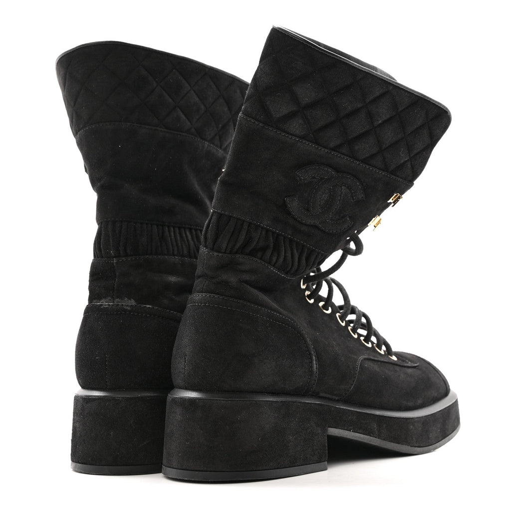 Chanel Suede Quilted Lace Up Combat Boots 38.5 Black