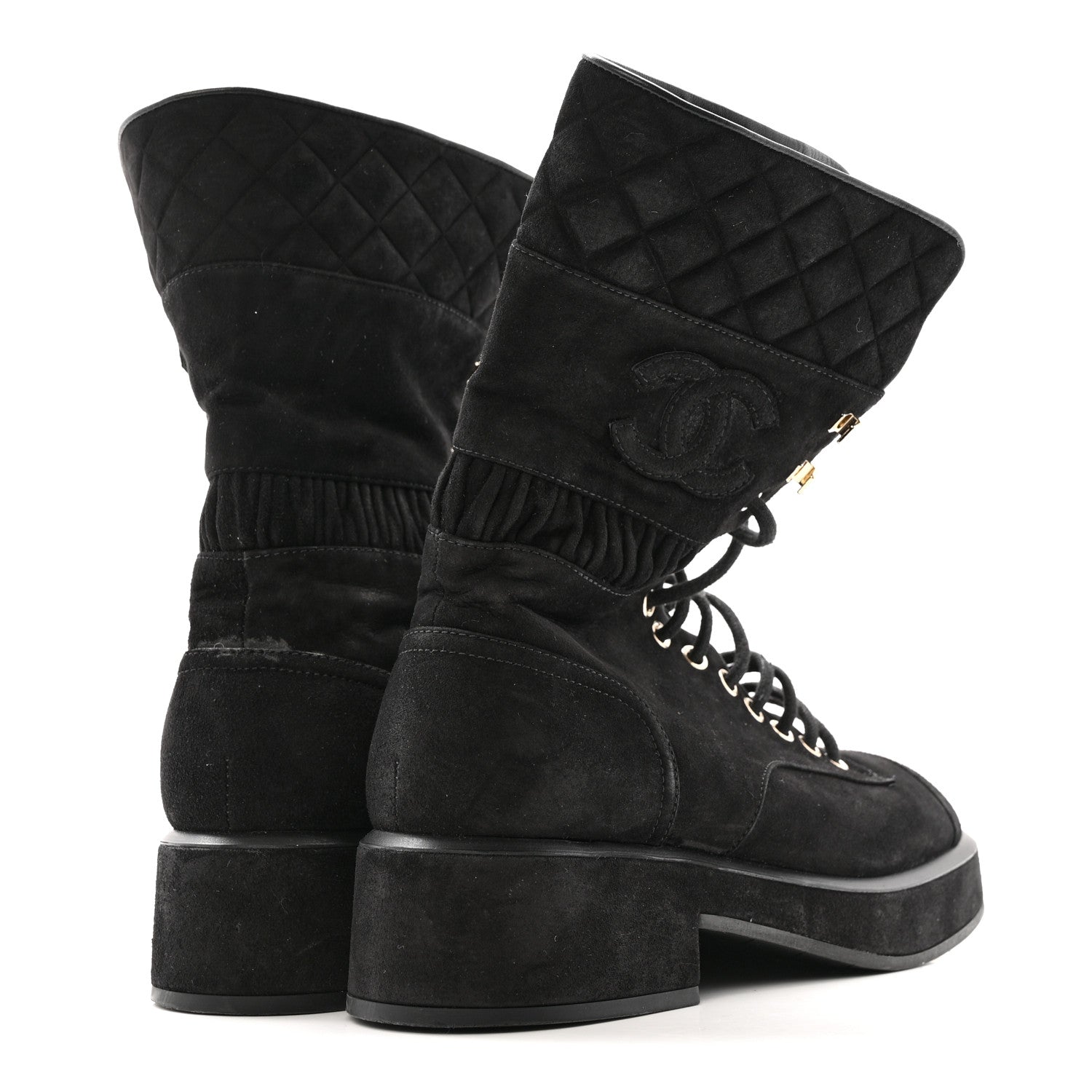 Chanel Suede Quilted Lace Up Combat Boots 38.5 Black