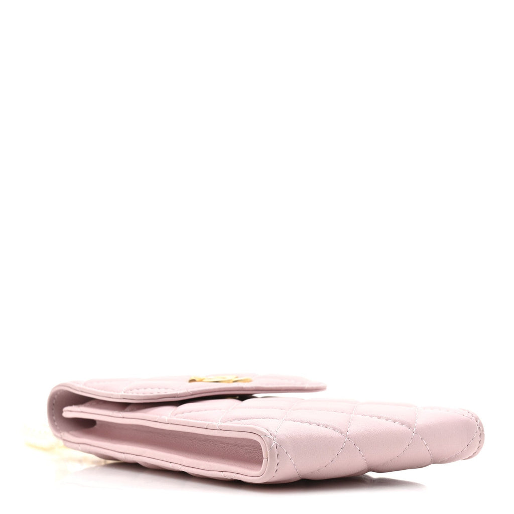 Chanel Lambskin Quilted Pearl Phone Holder With Chain Pink