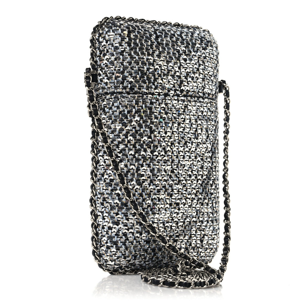 Chanel Tweed Sequin Chain Around Phone Holder Silver Black