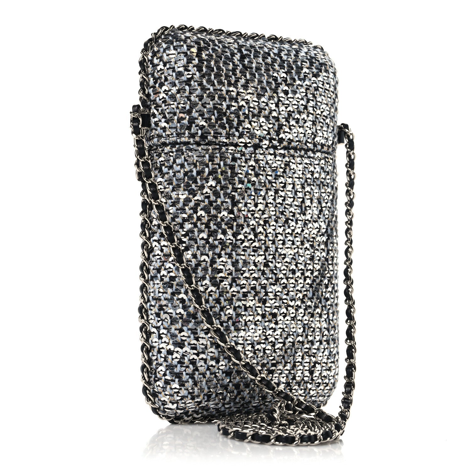 Chanel Tweed Sequin Chain Around Phone Holder Silver Black