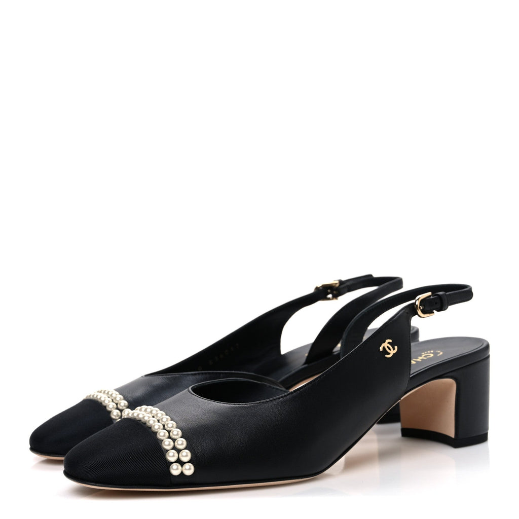 Lambskin Grosgrain Pearl Cap Toe CC Slingback Pumps 40.5 Black