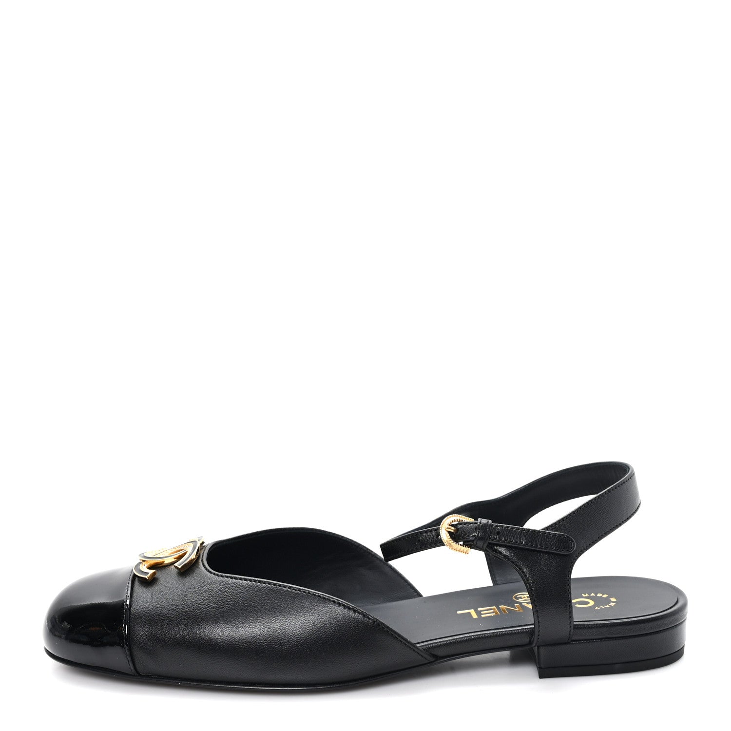 Lambskin Patent Cap Toe Crystal Enamel CC Mary Jane Slingback Flats 39.5 Black