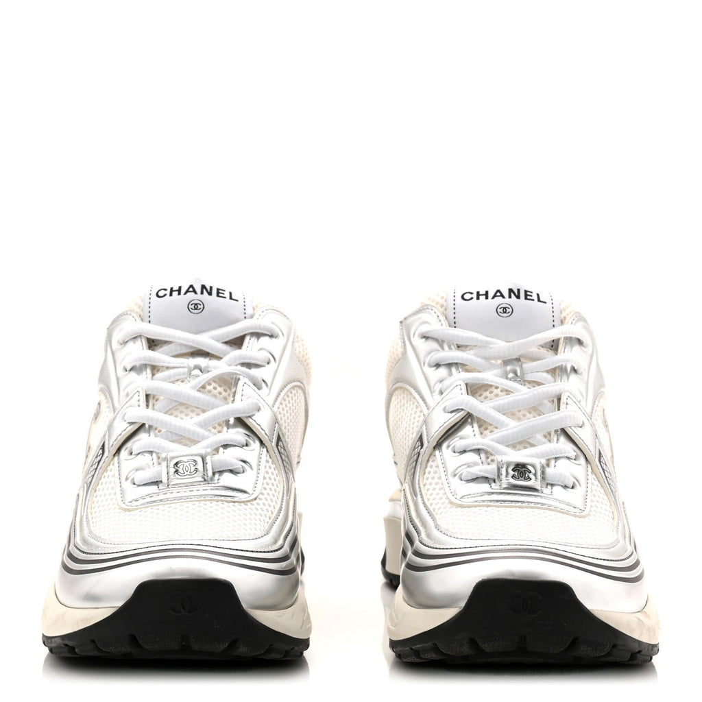 Fabric Laminated Calfskin Stretch CC Womens Sneakers 40 White Silver