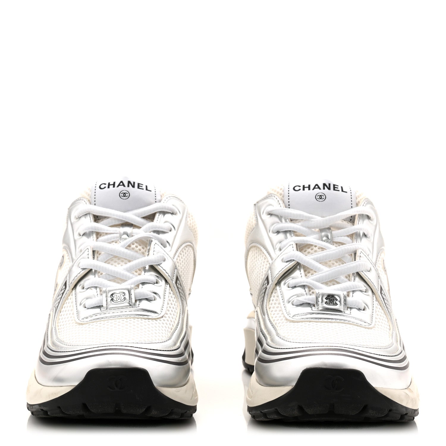 Fabric Laminated Calfskin Stretch CC Womens Sneakers 40 White Silver