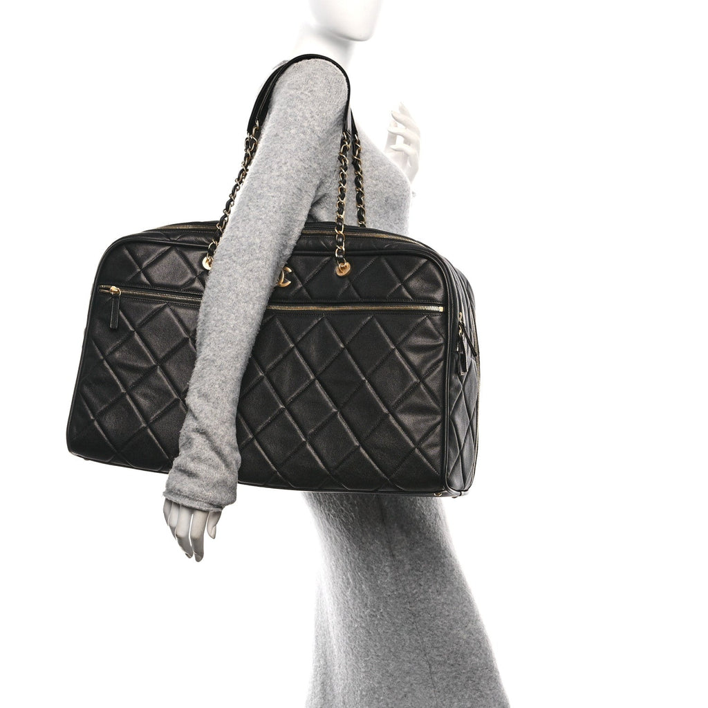 Chanel Shiny Grained Calfskin Quilted Large Travel Bowling Bag Black
