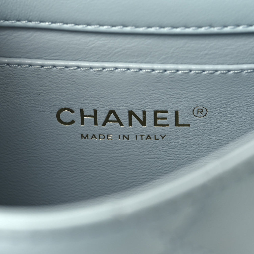 Chanel Lambskin Enamel Quilted Mini Pending CC Square Flap Light Blue