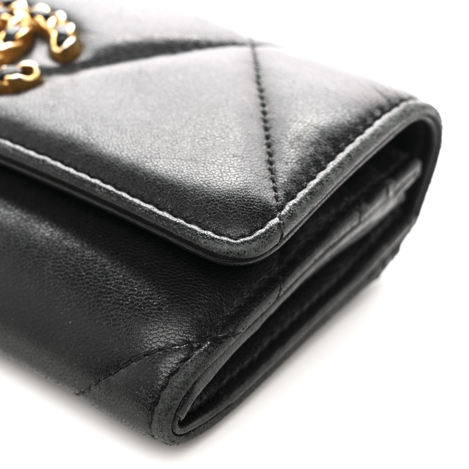 Chanel Shiny Goatskin Quilted Chanel 19 Flap Wallet Black
