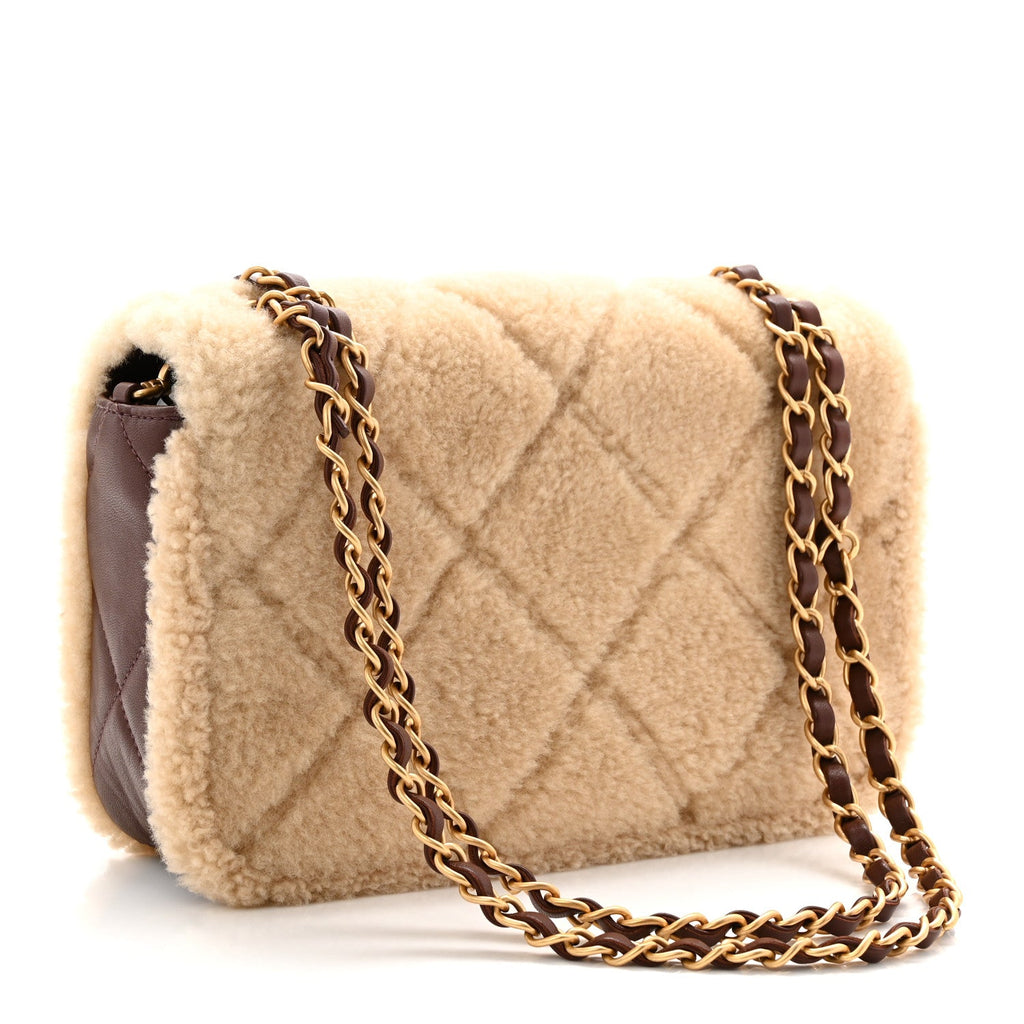 Chanel Shearling Lambskin Quilted Furry Coco Flap Dark Brown Beige