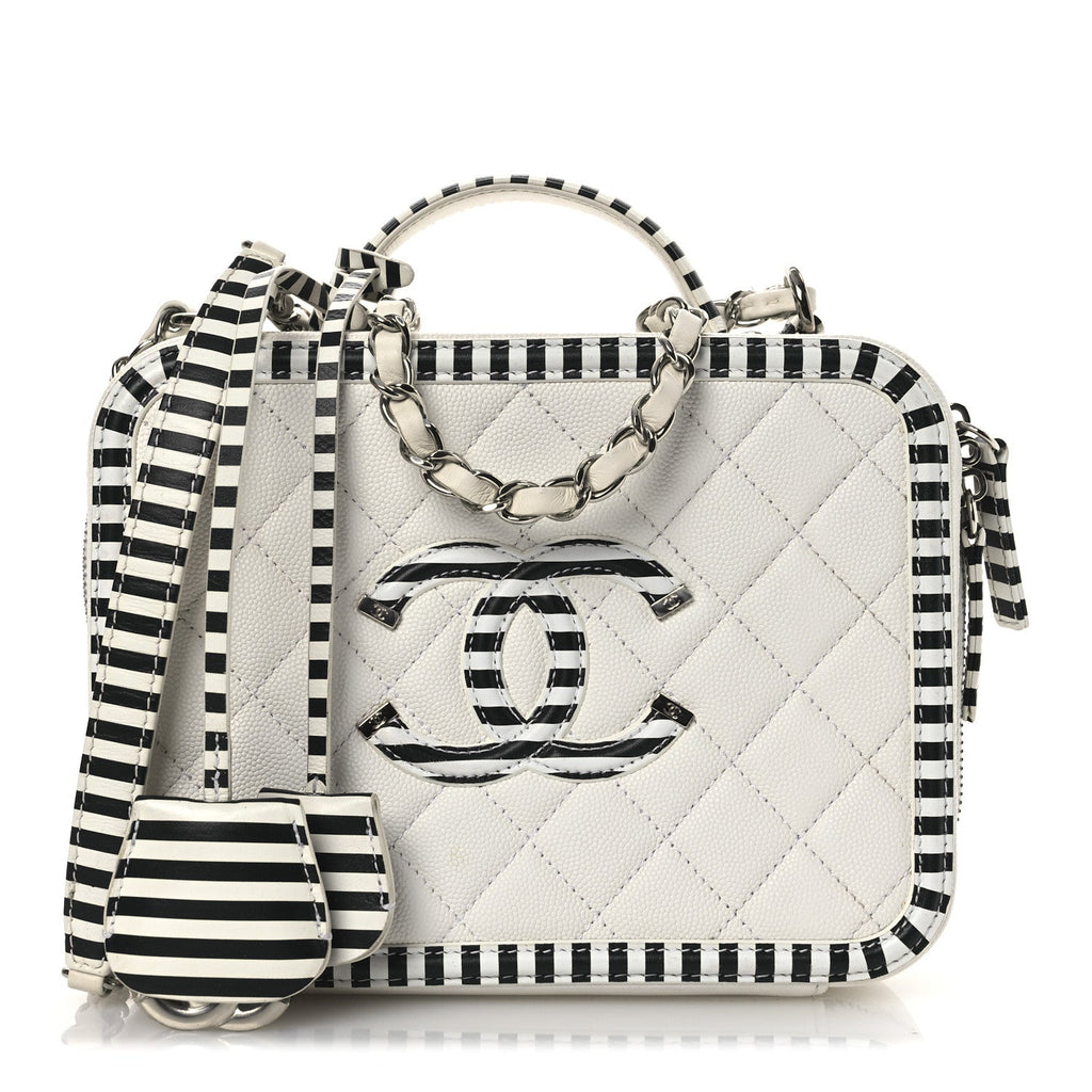 Chanel Caviar Quilted Striped Medium CC Filigree Vanity Case White Black