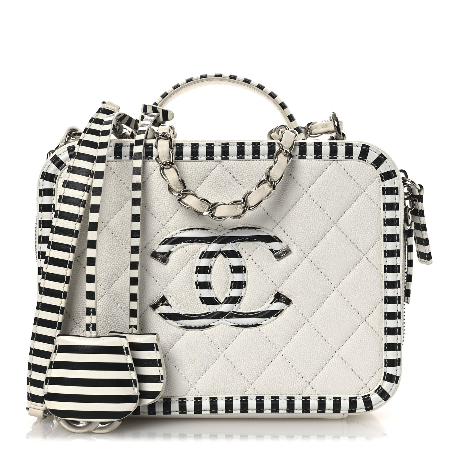 Chanel Caviar Quilted Striped Medium CC Filigree Vanity Case White Black