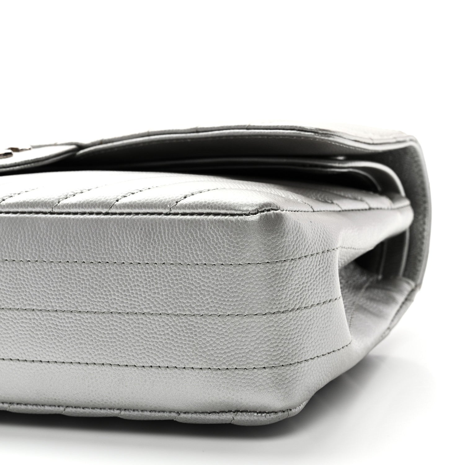 Chanel Metallic Caviar Chevron Quilted Medium Double Flap Silver