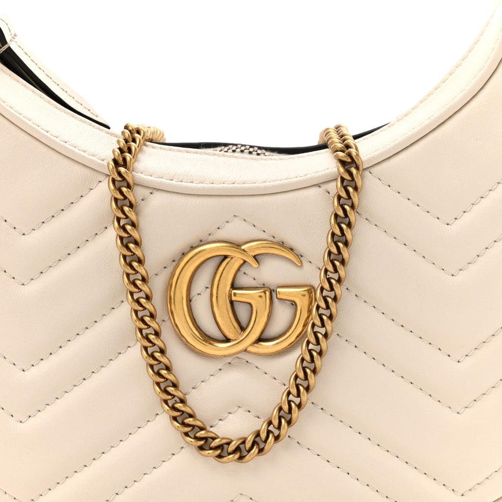 Gucci Calfskin Matelasse Chevron Mini GG Marmont Half Moon Hobo Mystic White