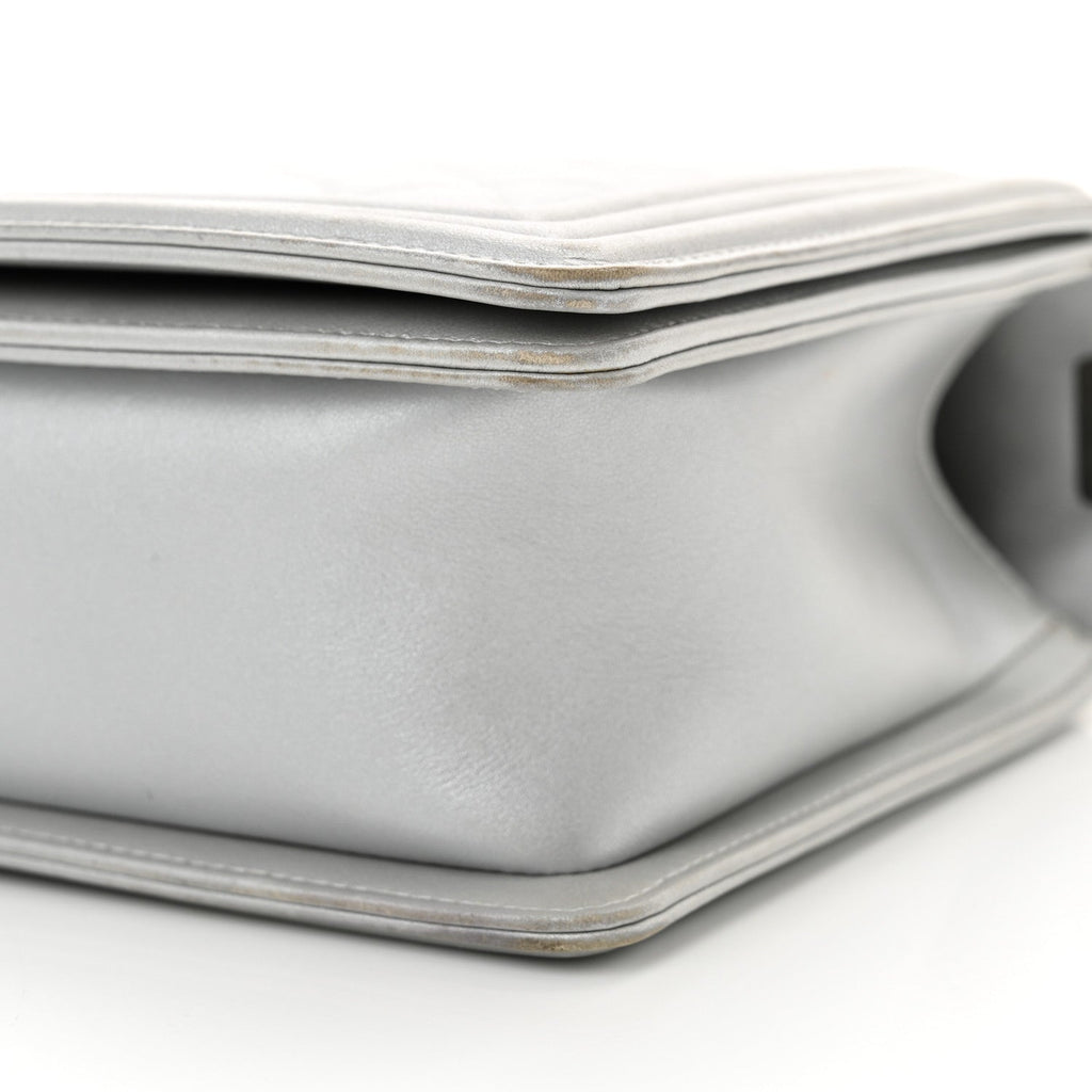 Chanel Metallic Calfskin Quilted New Medium Plexiglass Boy Flap Silver