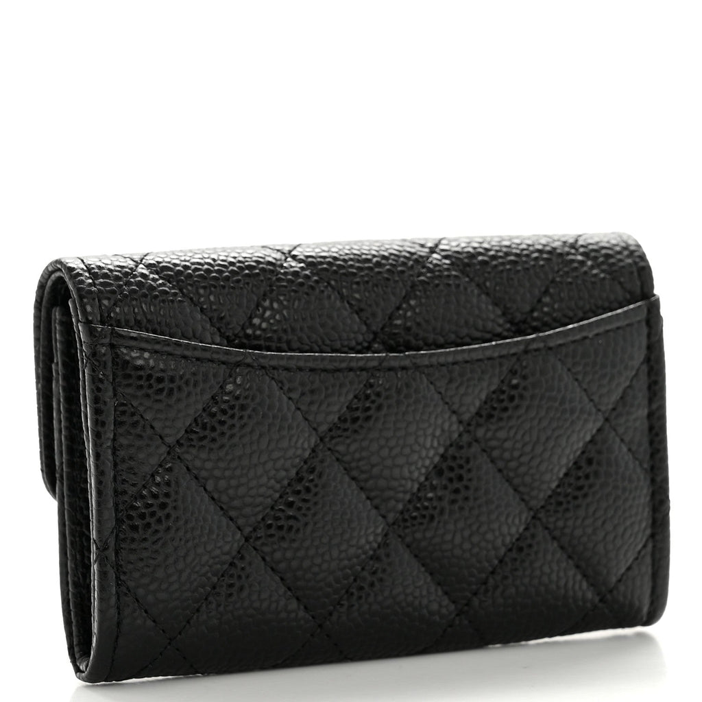 Caviar Quilted Flap Card Holder Wallet Black