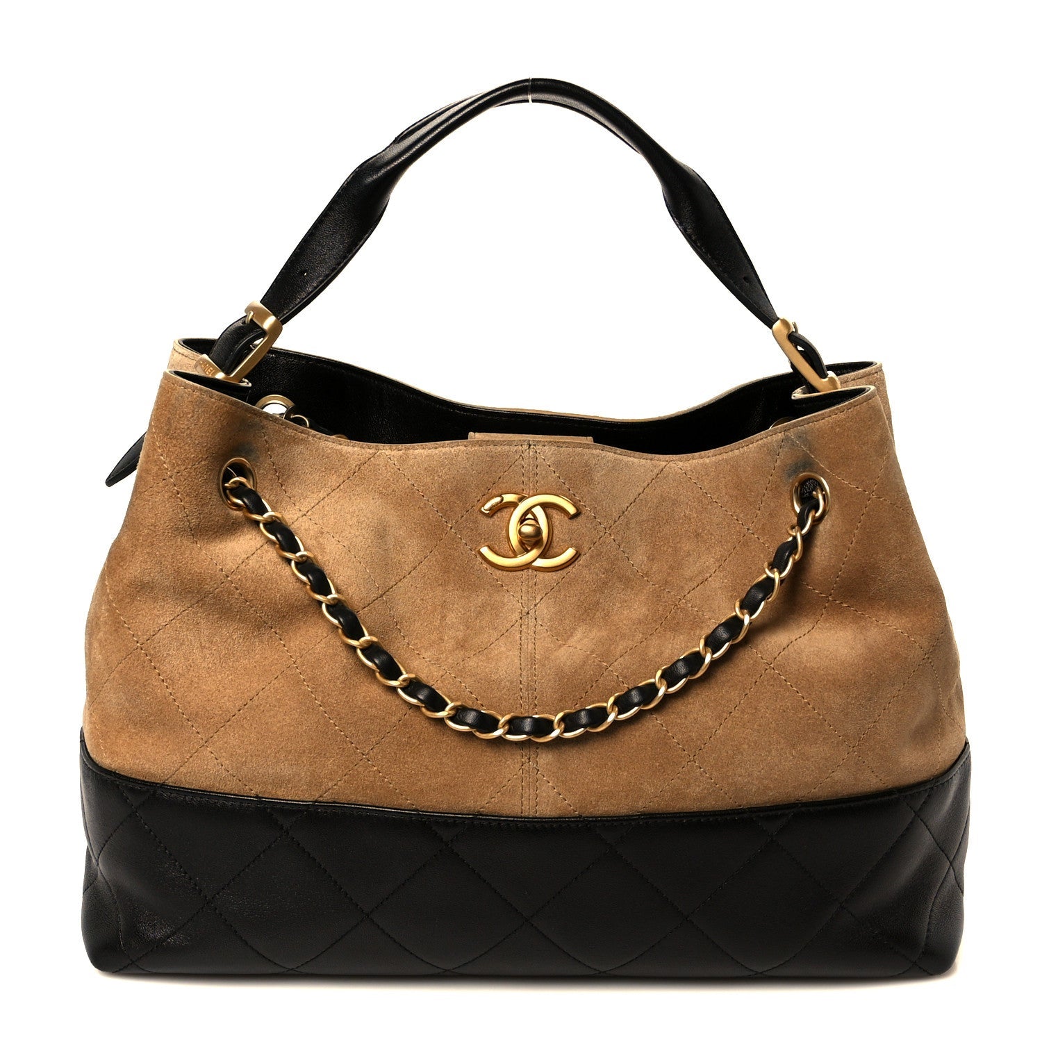 Chanel Suede Calfskin Shiny Lambskin Quilted Small Coco Base Shopping Bag Beige Black