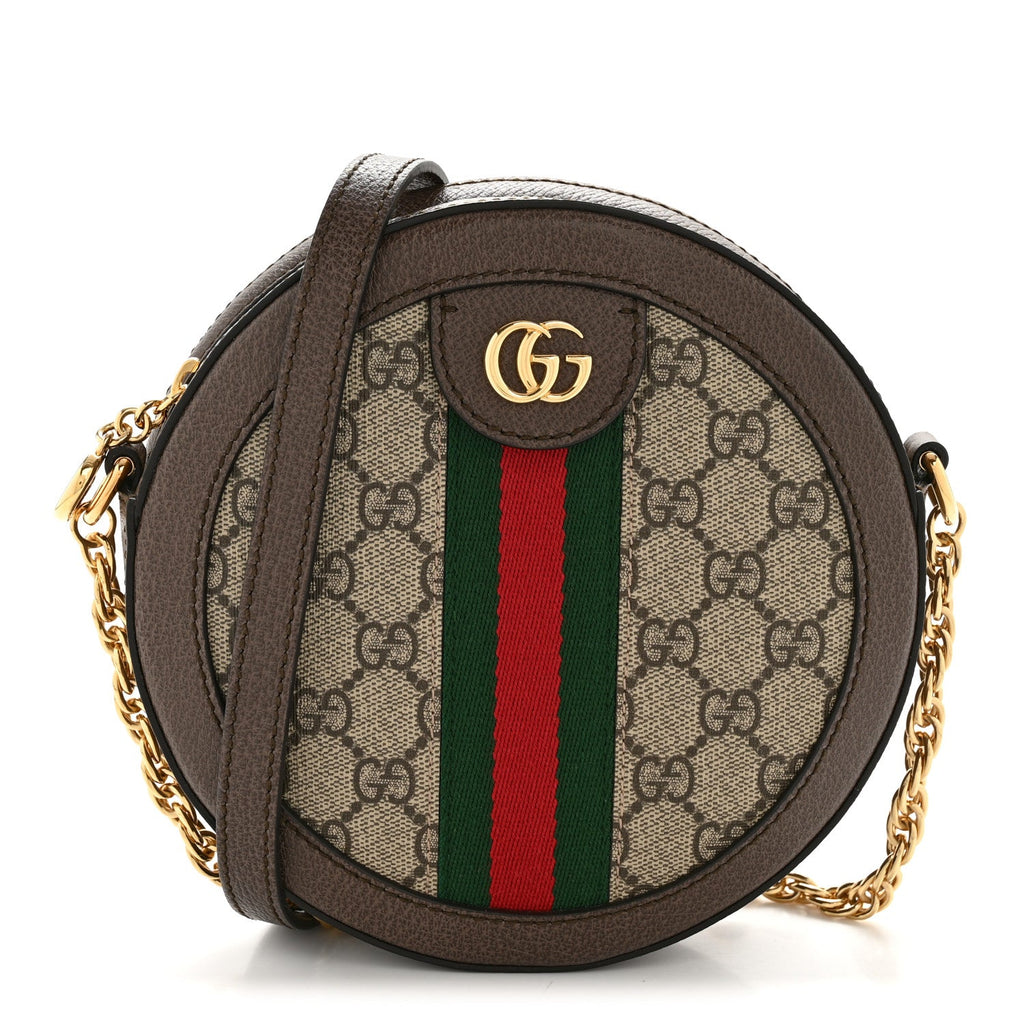 Gucci GG Supreme Monogram Web Mini Ophidia Round Shoulder Bag Brown