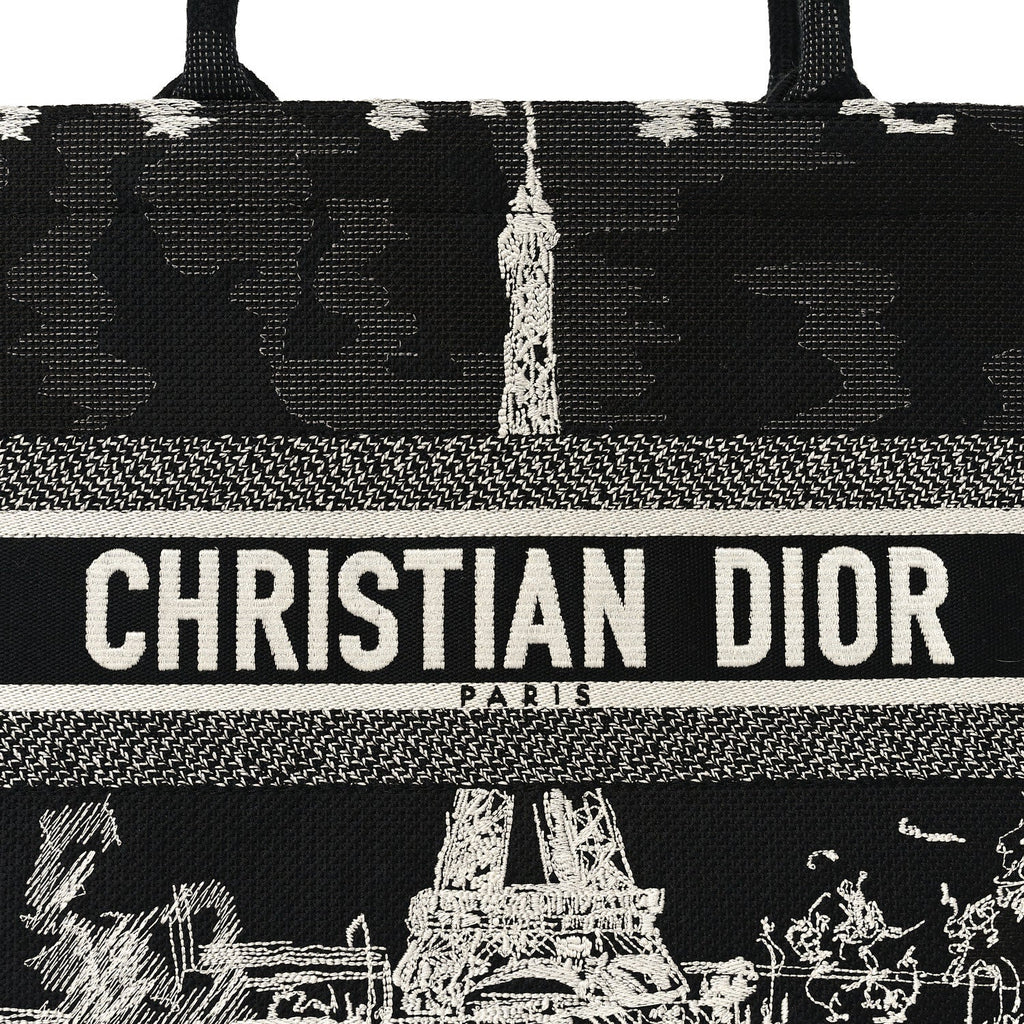 Christian Dior Canvas Embroidered Medium Paris Book Tote Black White