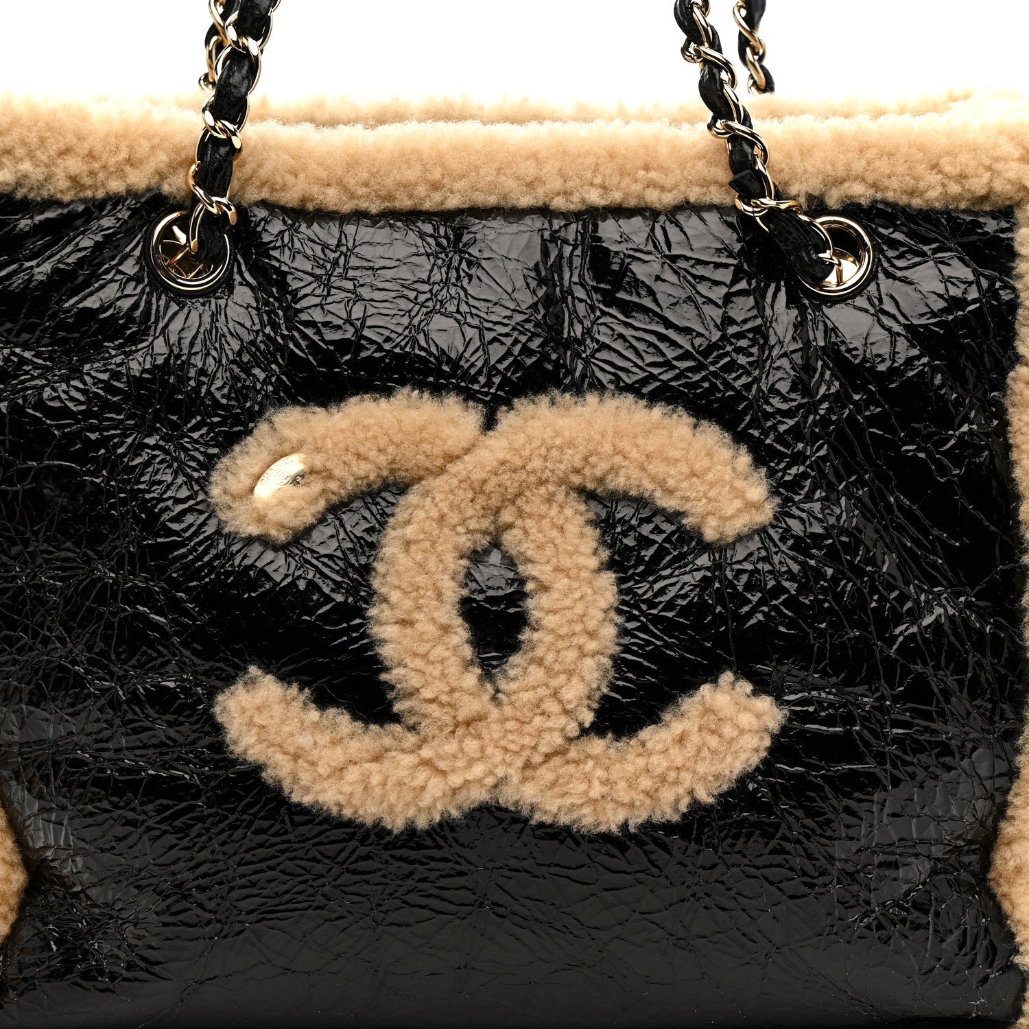 Chanel Shiny Crumpled Sheepskin Shearling CC Mania Tote Bag Black Beige