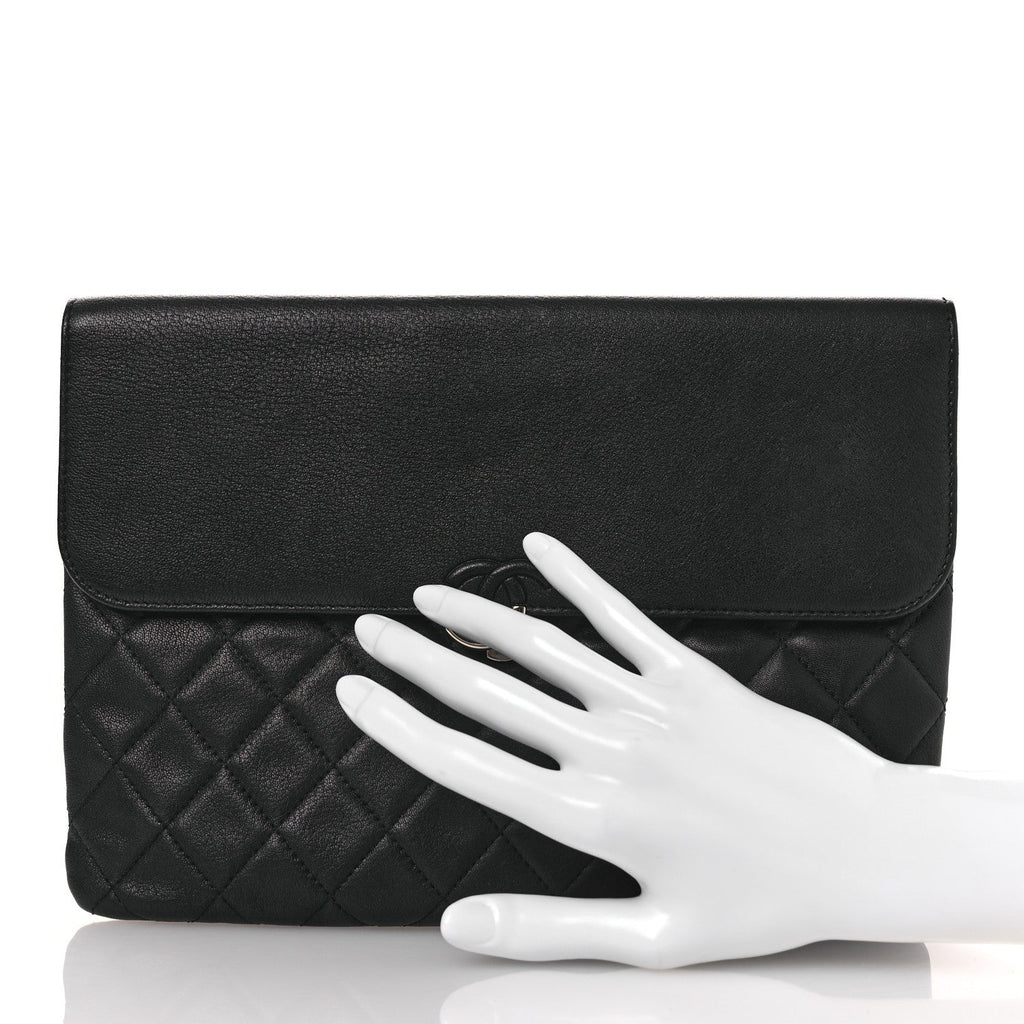 Grained Calfskin Quilted CC Box Pouch Black