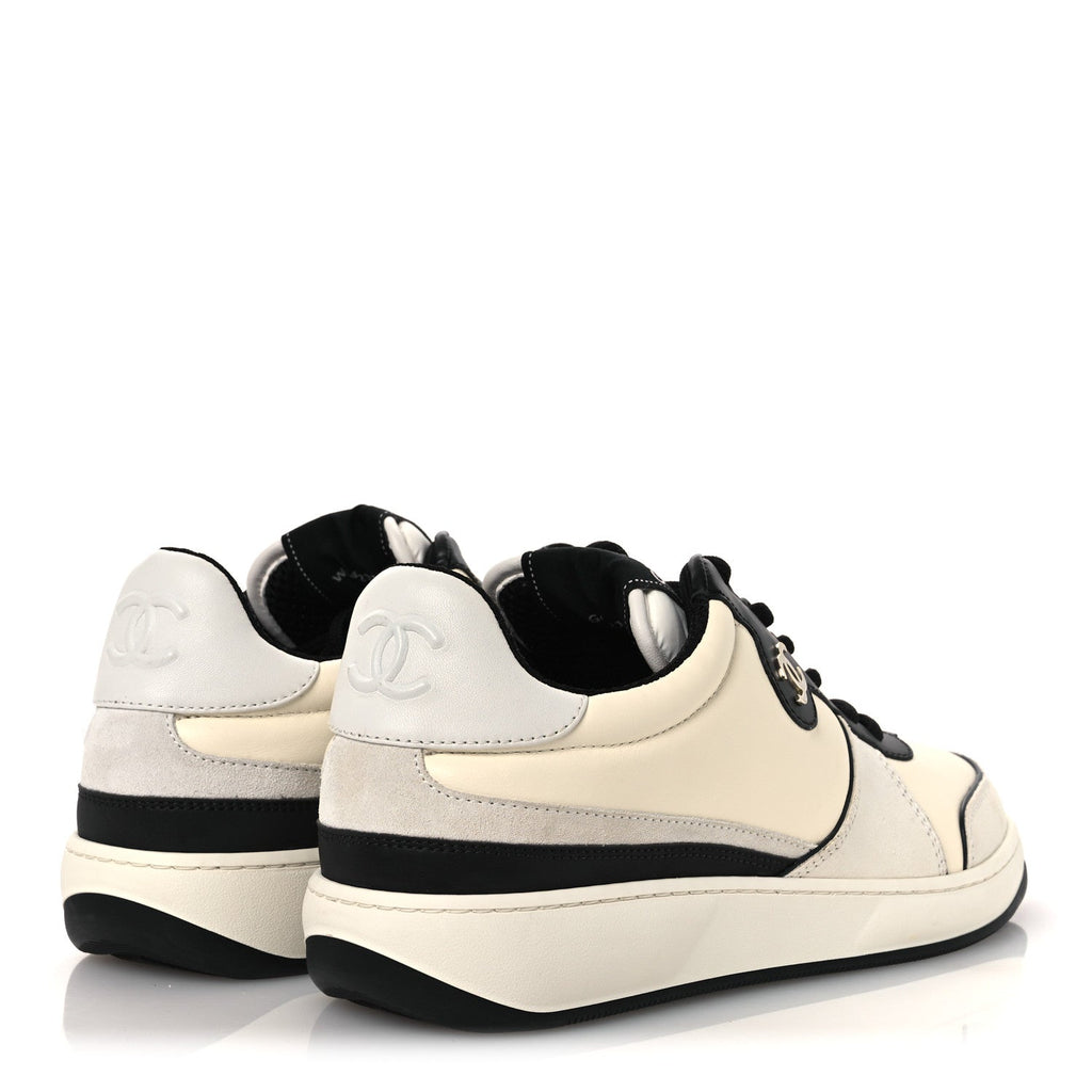 Lambskin Suede Calfskin Sneakers 40 Ivory White Black