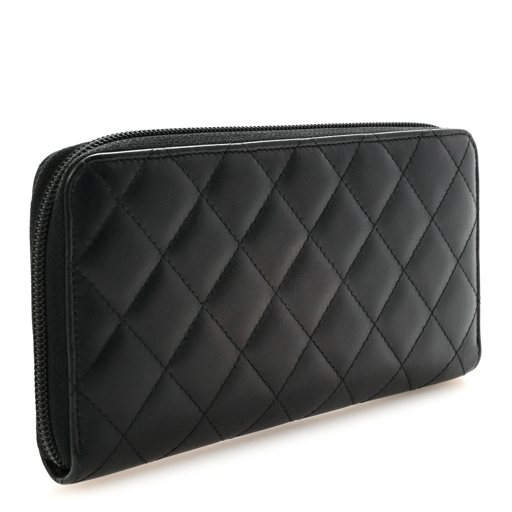 Calfskin Quilted Cambon Large Gusset Zip Around Wallet Black
