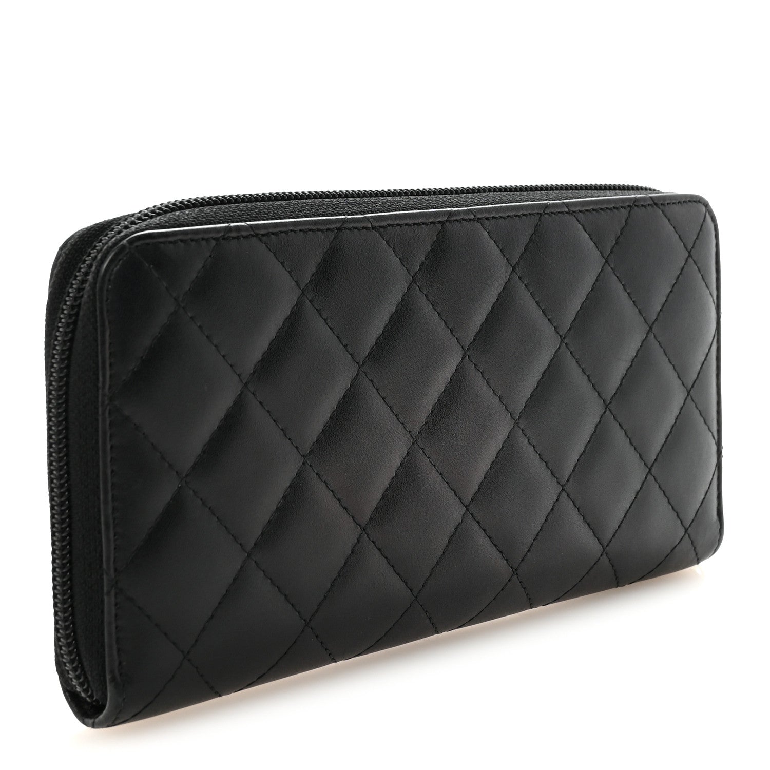 Calfskin Quilted Cambon Large Gusset Zip Around Wallet Black