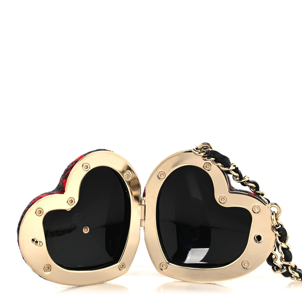 Chanel Tweed Lambskin CC Heart Mirror Locket Necklace Gold Grey Red Black