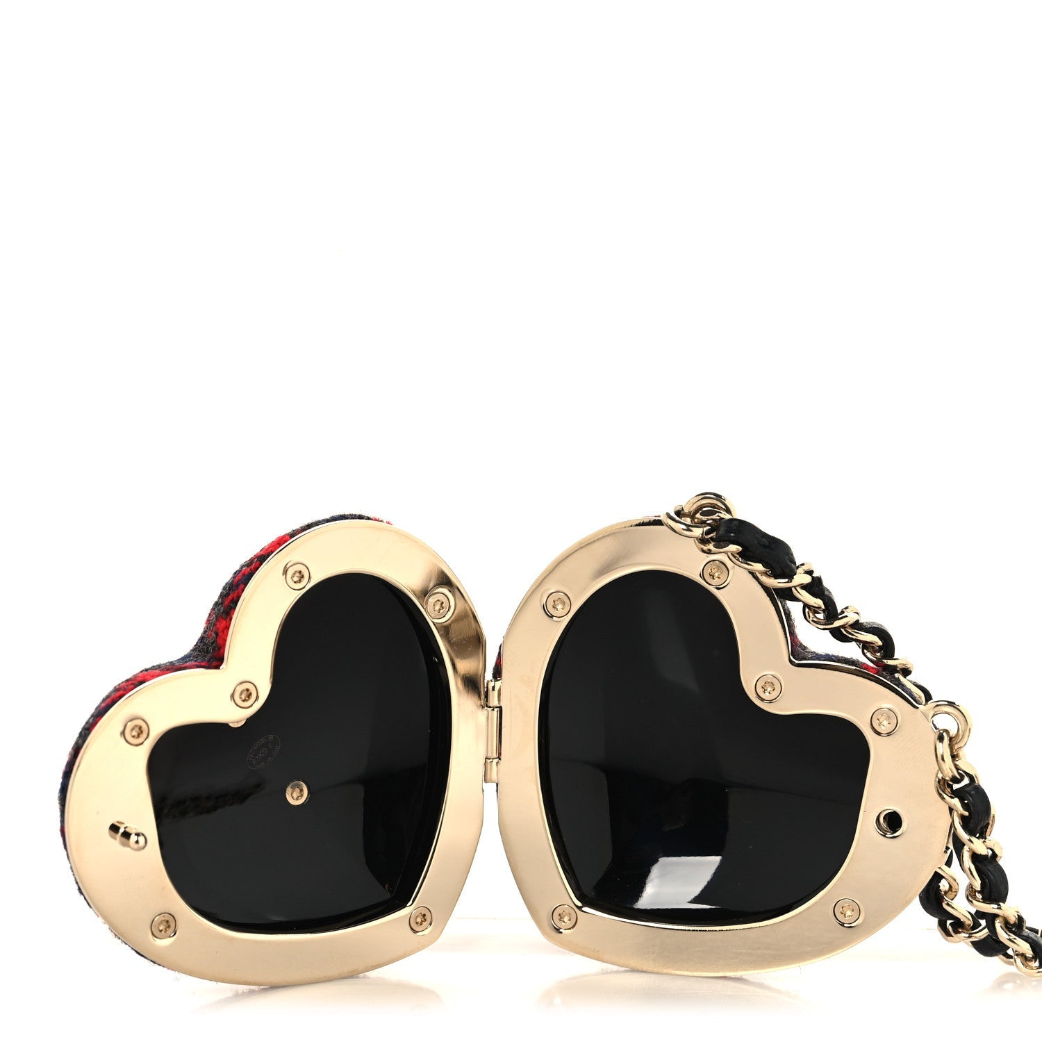 Chanel Tweed Lambskin CC Heart Mirror Locket Necklace Gold Grey Red Black