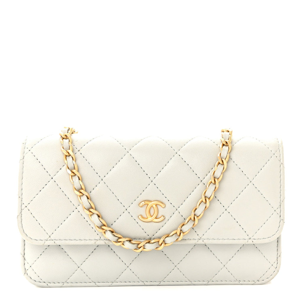 Chanel Lambskin Pearl Crush Quilted Flap Phone Holder With Chain Light Grey