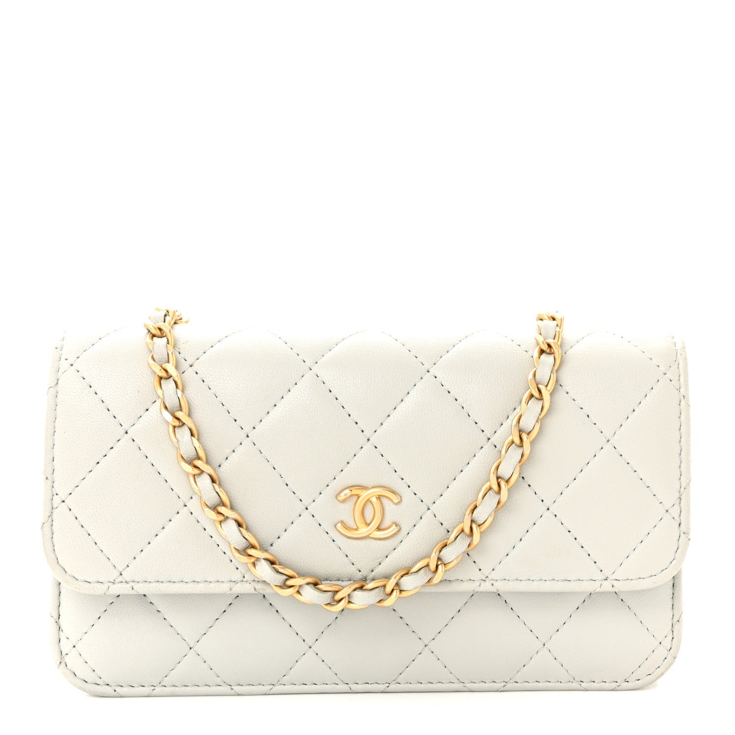 Chanel Lambskin Pearl Crush Quilted Flap Phone Holder With Chain Light Grey