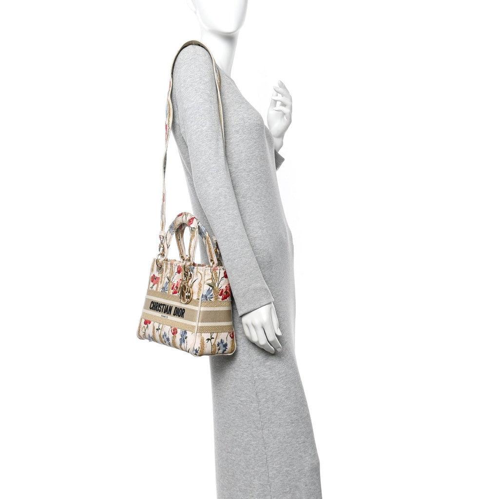 Christian Dior Canvas Embroidered Hibiscus Printed Medium Lady D-Lite Beige Multicolor