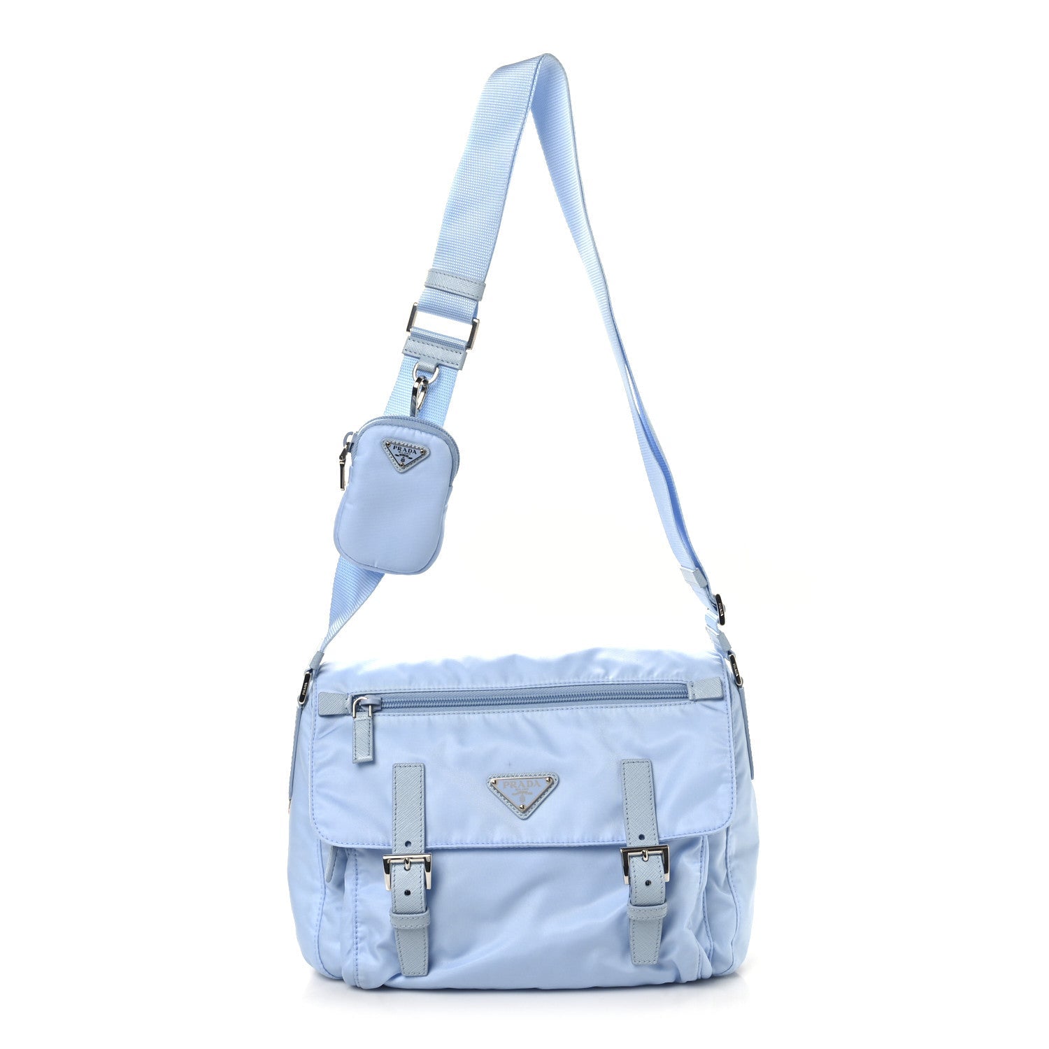Prada Re-Nylon Vela Saffiano Pocket Double Buckle Messenger Shoulder Bag Celeste