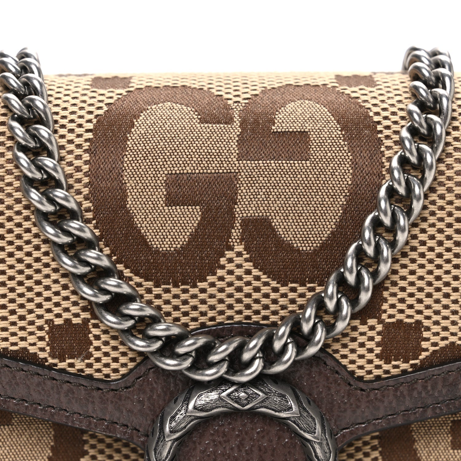 Gucci Monogram Jumbo GG Textured Dollar Calfskin Mini Dionysus Chain Wallet Camel Ebony New Acero