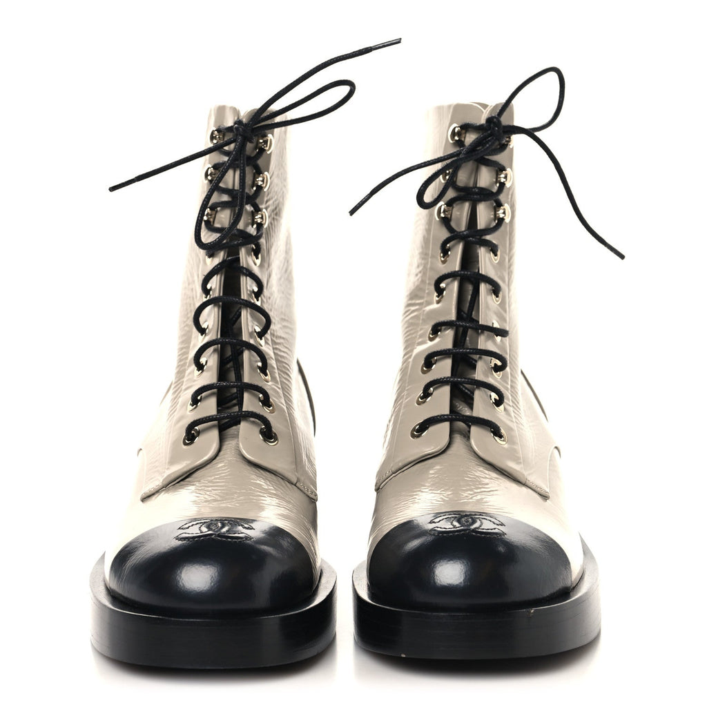 Chanel Shiny Goatskin Cap Toe Combat Boots 39 Gray Dark Gray