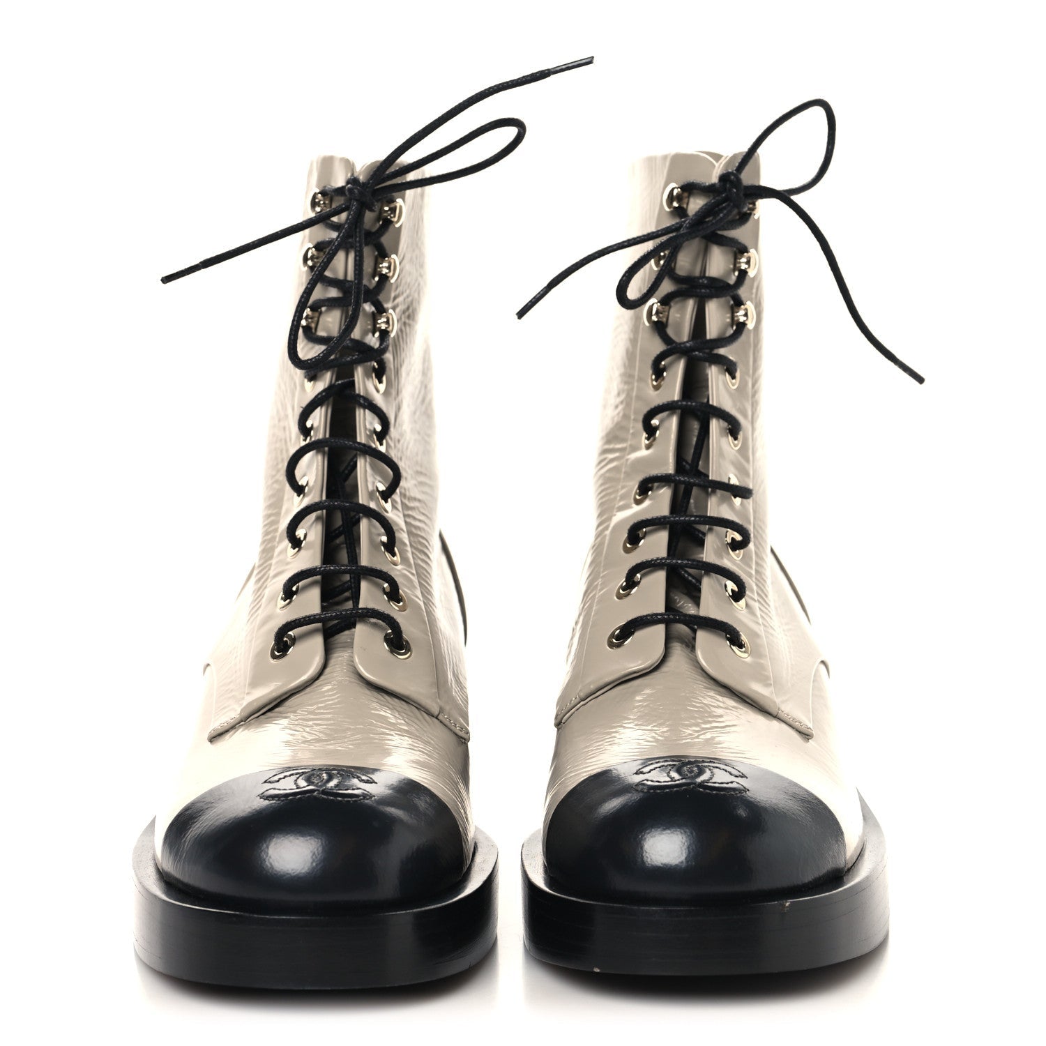 Chanel Shiny Goatskin Cap Toe Combat Boots 39 Gray Dark Gray