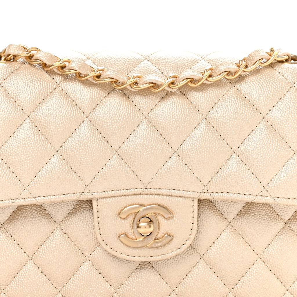 Chanel Metallic Caviar Quilted Small Double Flap Beige
