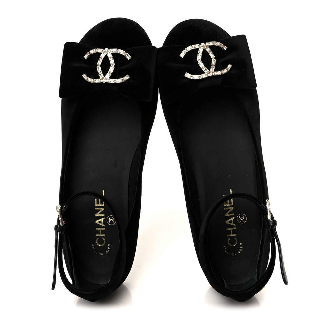 Chanel Velvet Strass CC Bow Mary Jane Flats 38.5 Black