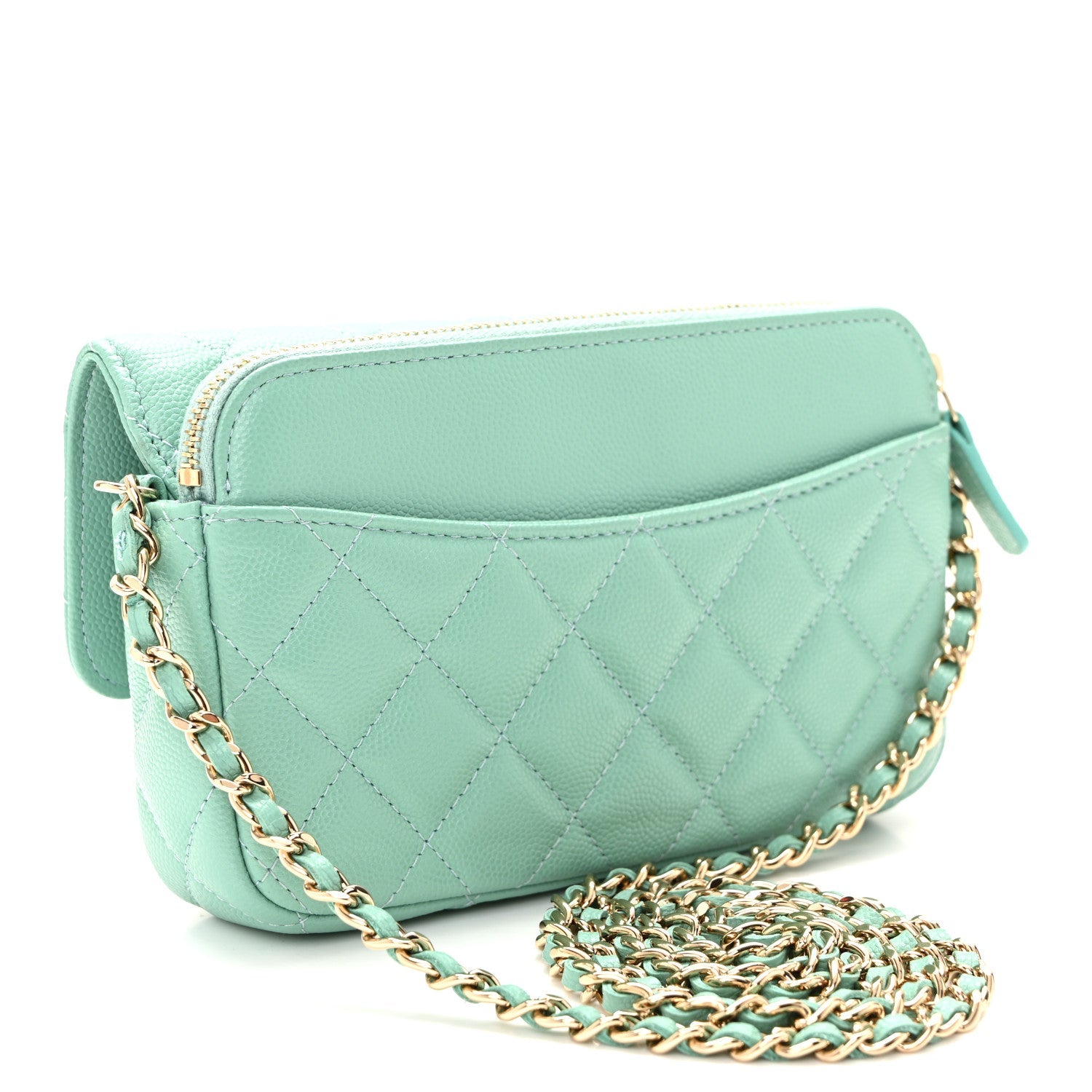 Chanel Caviar Quilted Flap Phone Holder With Chain Turquoise