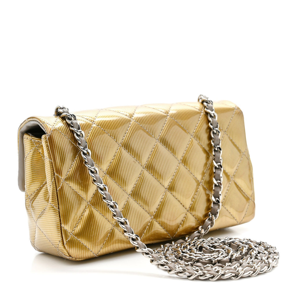 Chanel Striated Patent Quilted Extra Mini Rectangular Flap Gold
