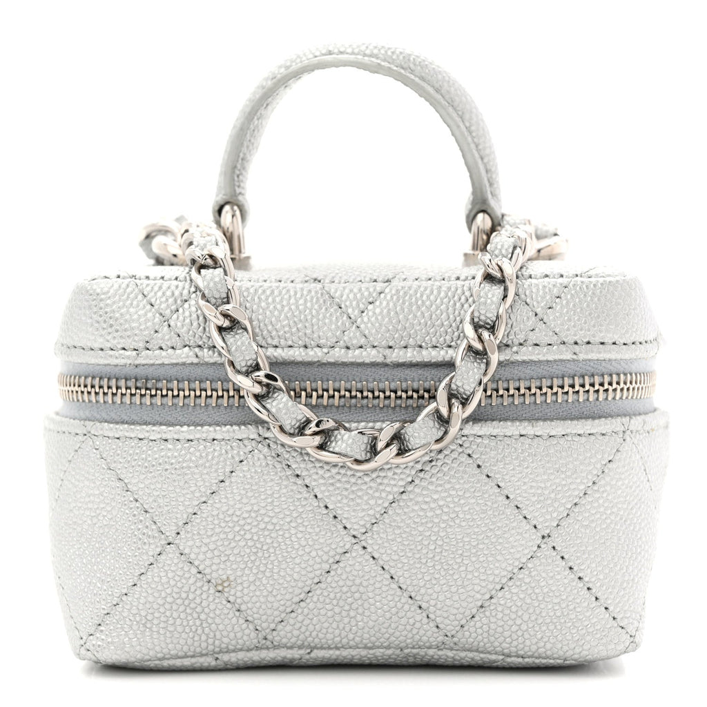 Chanel Metallic Caviar Quilted Mini Top Handle Vanity With Chain Silver