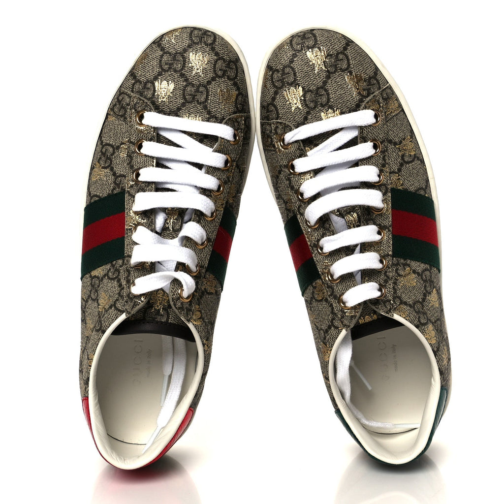 Gucci GG Supreme Monogram Bees Ayers Web Womens Ace Sneakers 37 Beige Oro Green Red