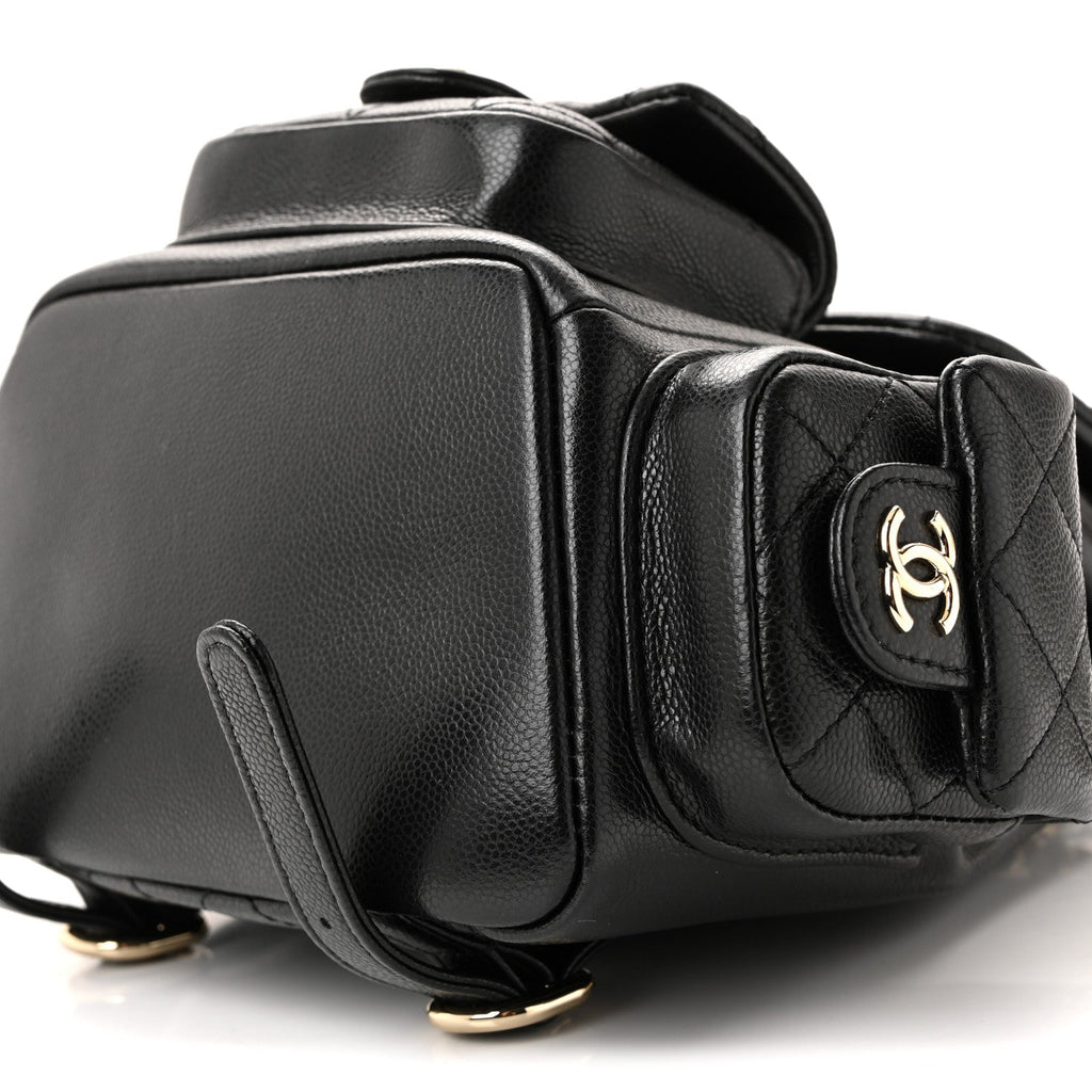 Chanel Shiny Caviar Quilted Small Duma Pockets Drawstring Backpack Black